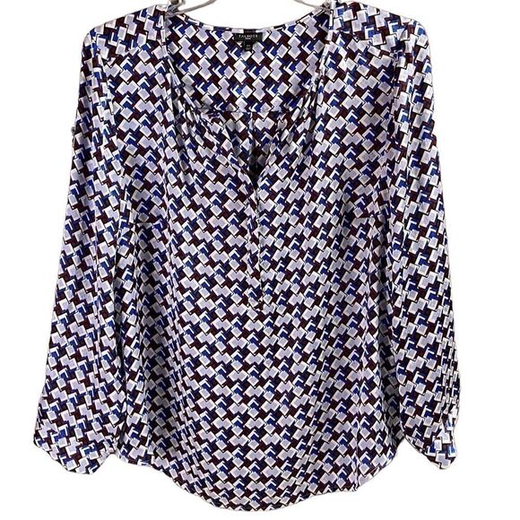 Talbots Women's Plus Size 2X V-Neck Patterned Semi Sheer Blouse White Blue - Picture 1 of 10